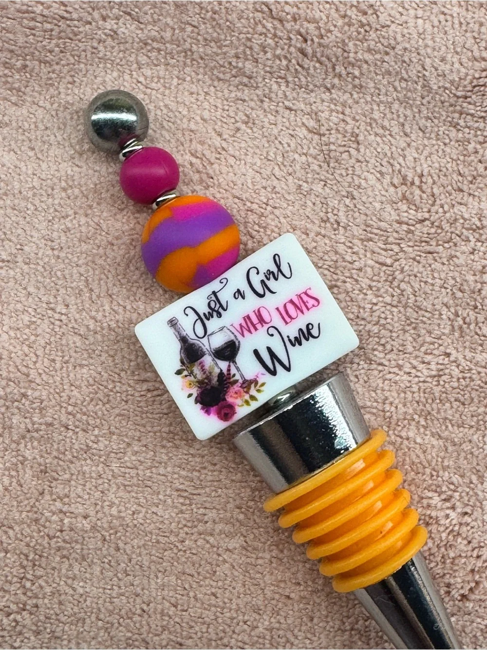 Decorative Orange & Purple 'Just a Girl Who Loves Wine' Bottle Stopper